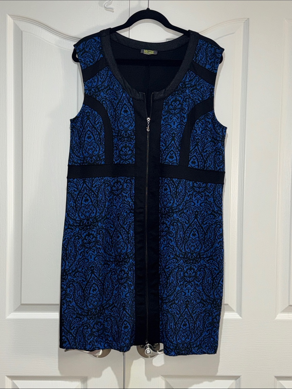 Sexy Dolcezza Sleeveless Zip-Front Sheath Dress Blue Black Paisley Art Print L